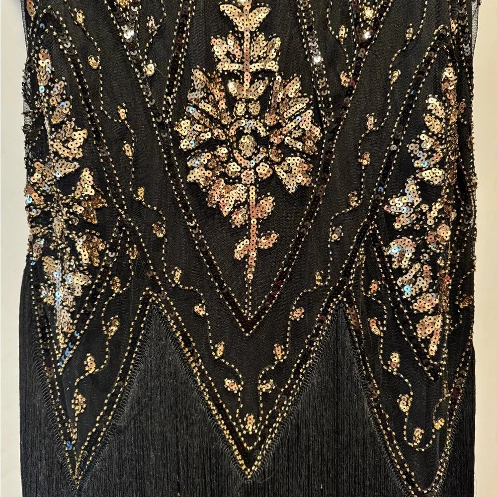 Halloween Flapper Black and Gold Sequin Embellished Dress - Picture 3 of 7